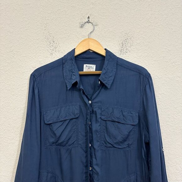 HOLDING HORSES ANTHROPOLOGIE Tunic Shirt Navy Blue Roll Tab Sleeve - Picture 3 of 11